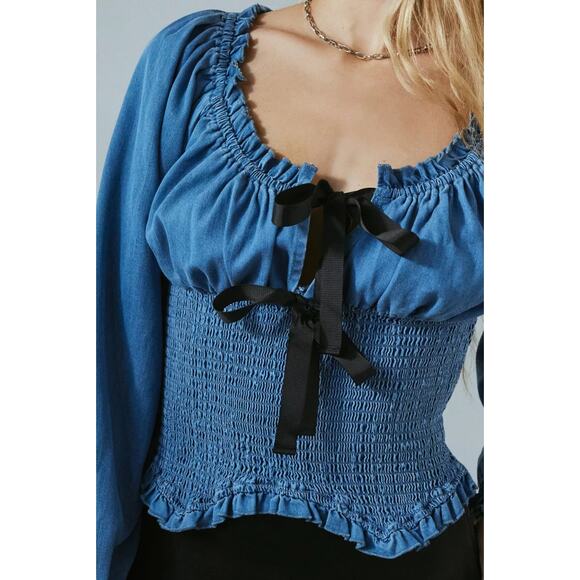 Urban Outfitters Kimchi Blue Marley Bow Front Long Sleeve Denim Blouse - Picture 3 of 11